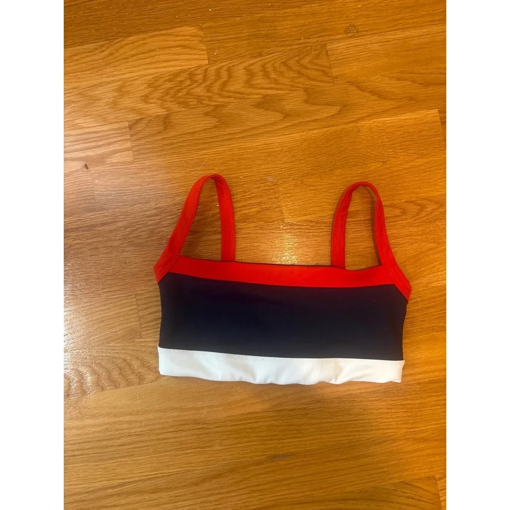 Splits59 Womens XS Navy Red White Colorblock Square Neck Sports Bra Crop Top
